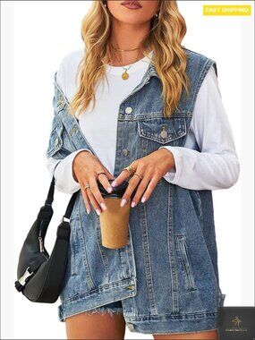 Oversized Mid Long Denim Vest Button Down Sleeveless Jean Waistcoat Classic